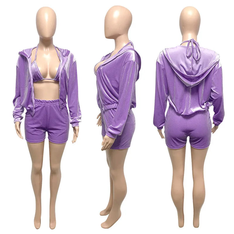 Velvet Tracksuit 3 Piece Set Women Fall Outfits Zipper Hoodies Jacket + Bra + Shorts Sets Sporty Matching Sets Jogging Femme