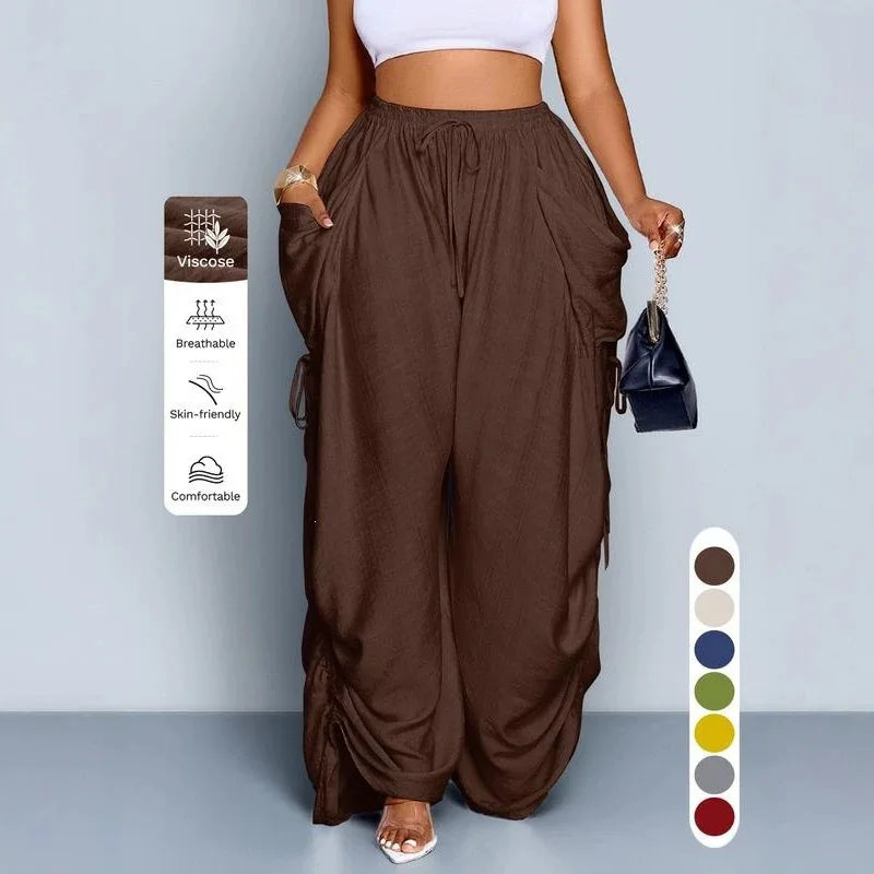 Loose Wide Leg Pants Drawstring Elastic Waist Pure Color Casual Trousers Women's High Waist Straight Cut Summer Fashion