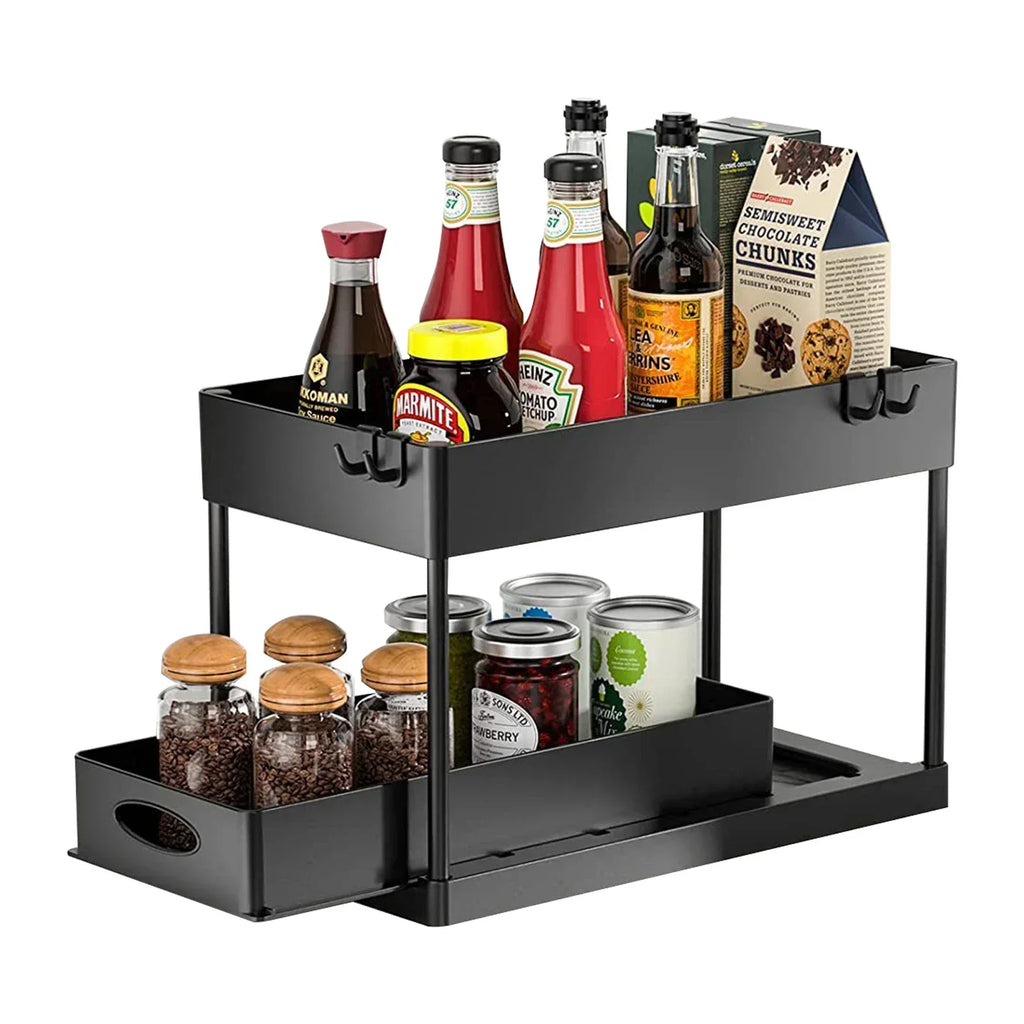 Kitchen Bathroom Under Sink Organizer 2-Tier Sliding Storage Basket Multipurpose Shelf with Hanging Cup and Hook Accessories