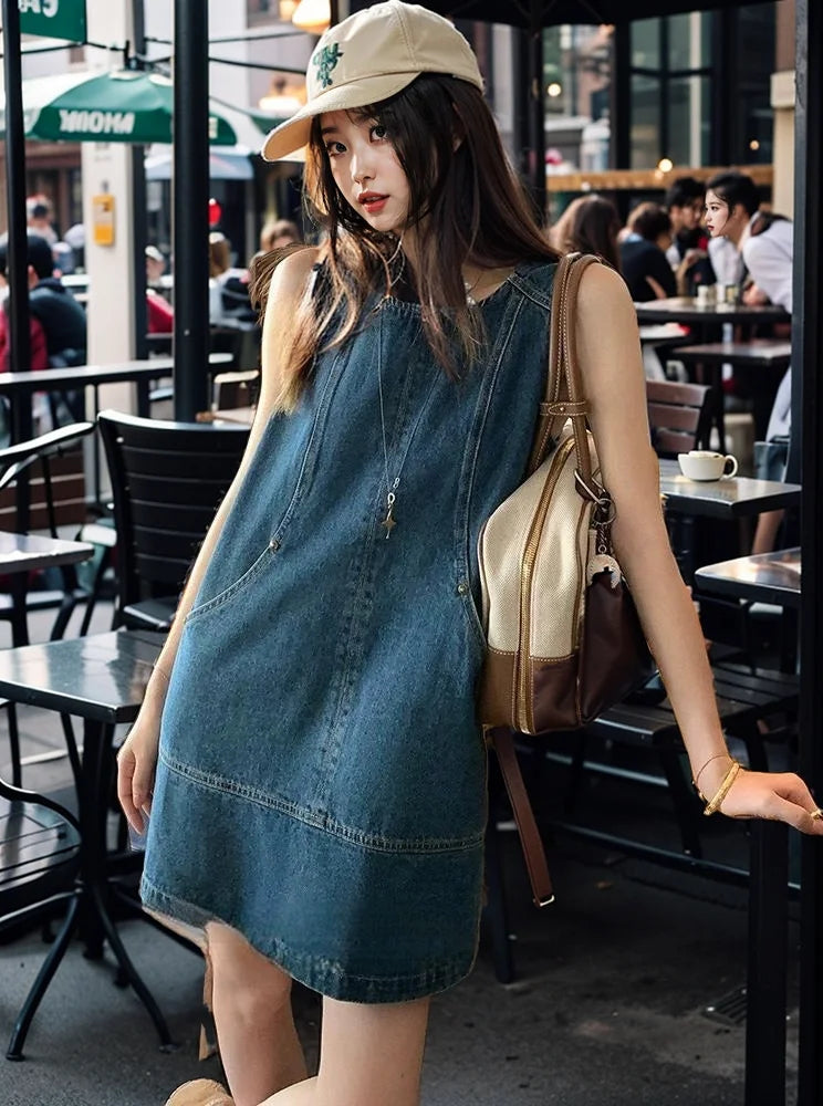 Retro Vest Denim Dress 2025 Summer Fashion Temperament Stitching A Word Street Style Women's Short Skirt