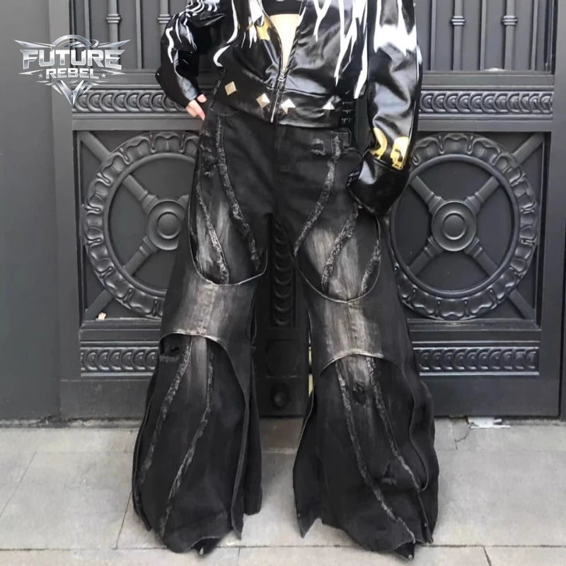 Y2K Heavy Duty Patchwork Distressed Denim Jeans Unisex Gothic Loose Flared Bell Vintage Hip Hop Washed Wide Leg Trendy Harajuku