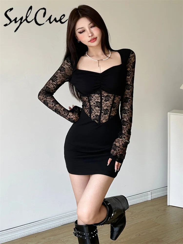 Sylcue Black Mysterious Sexy Lace Stitching Mature Beautiful Sweet Gentle Women'S Winter Long Sleeve Hip Short Dress