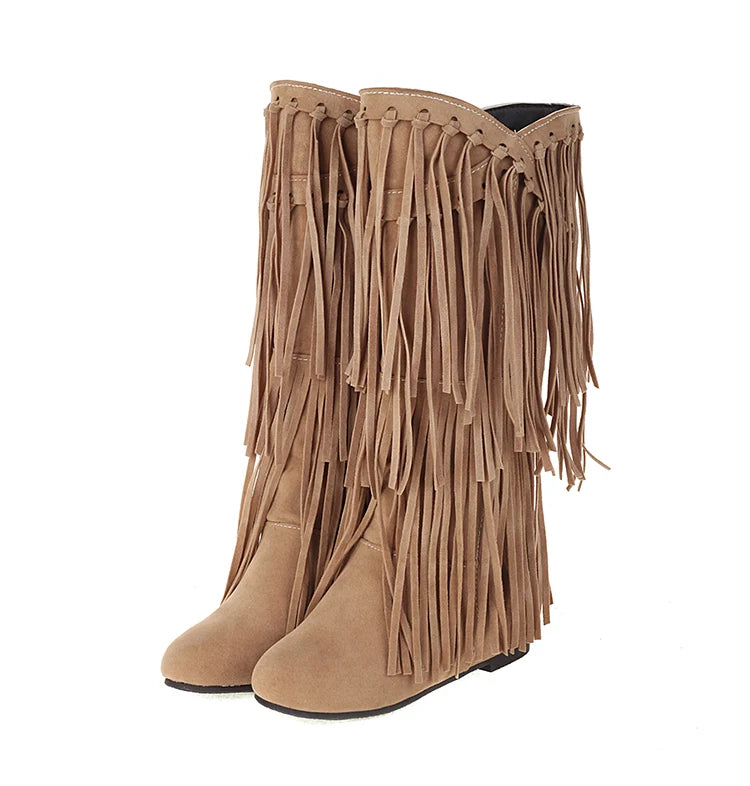 2025 New High Boots Women Bohemian Flock Tassle Mid-Calf Boots Wedge Booties Autumn Winter Ethnic Casual Shoes zapatos de mujer