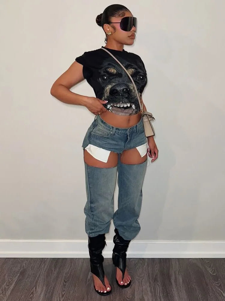 FAGADOER Y2k Sexy Hollow Out Denim Pants Women Solid Color Hole Patchwork High Waist Jeans Female Streetwear Bottoms 2025 New
