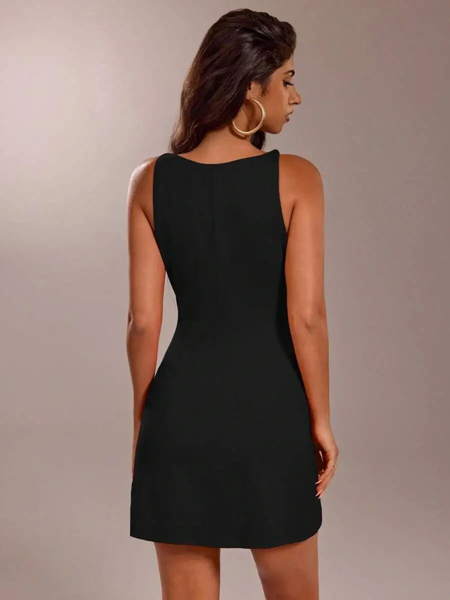 Women's Elegant Solid Color Sleeveless Waist Cinched Mini Dress,Business Casual Woman Evening Dress