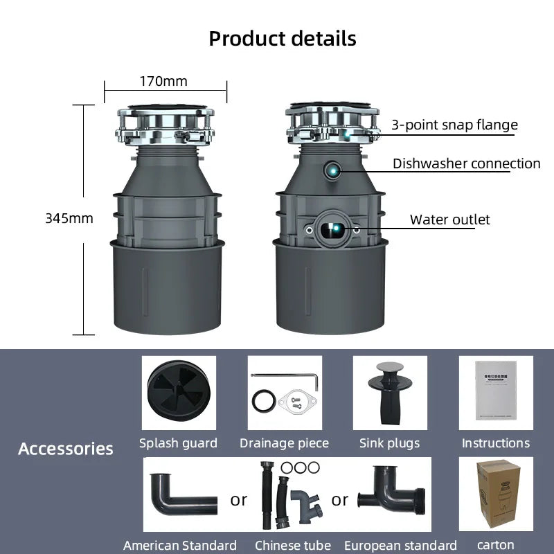 Dynamic Balance Technology 1250ml Stainless Steel Bacteriostatic Electric Sink Garbage Disposal Food Shredder 0.69