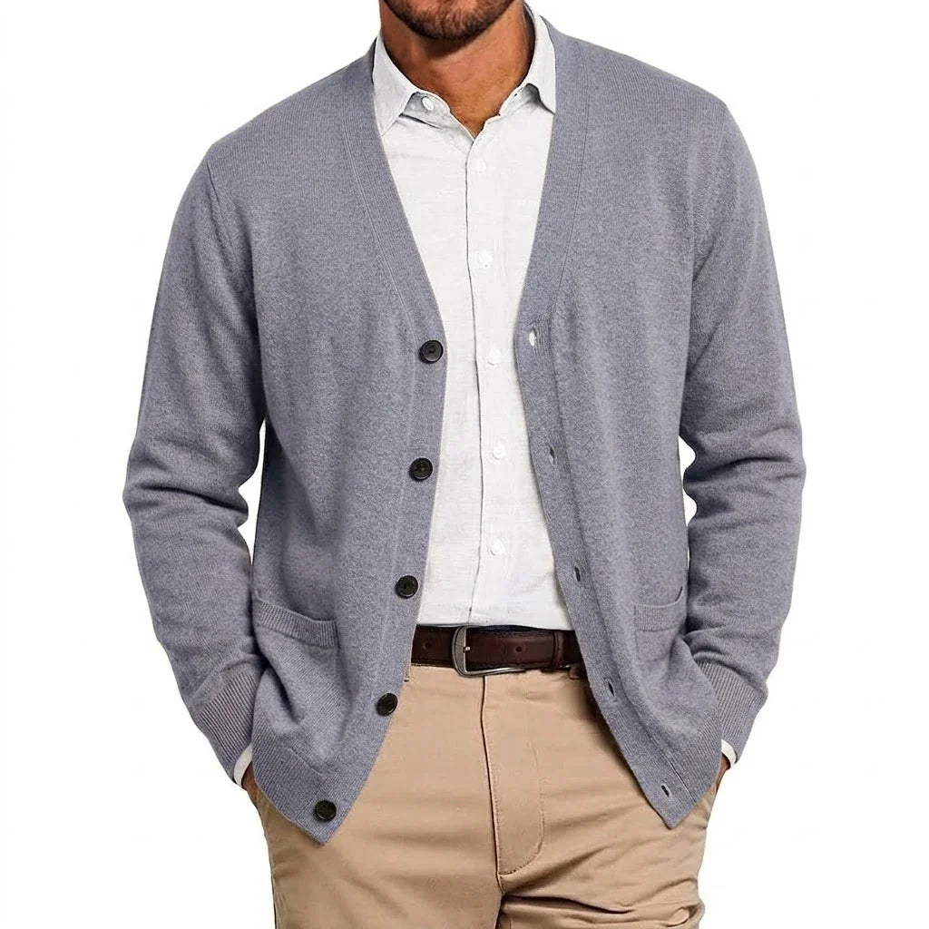 Mens VNeck Open Cardigan Jumper Button Front Knit Apparel Long Sleeve Knit Sweat Tops with Pockets Outer Garment for Males