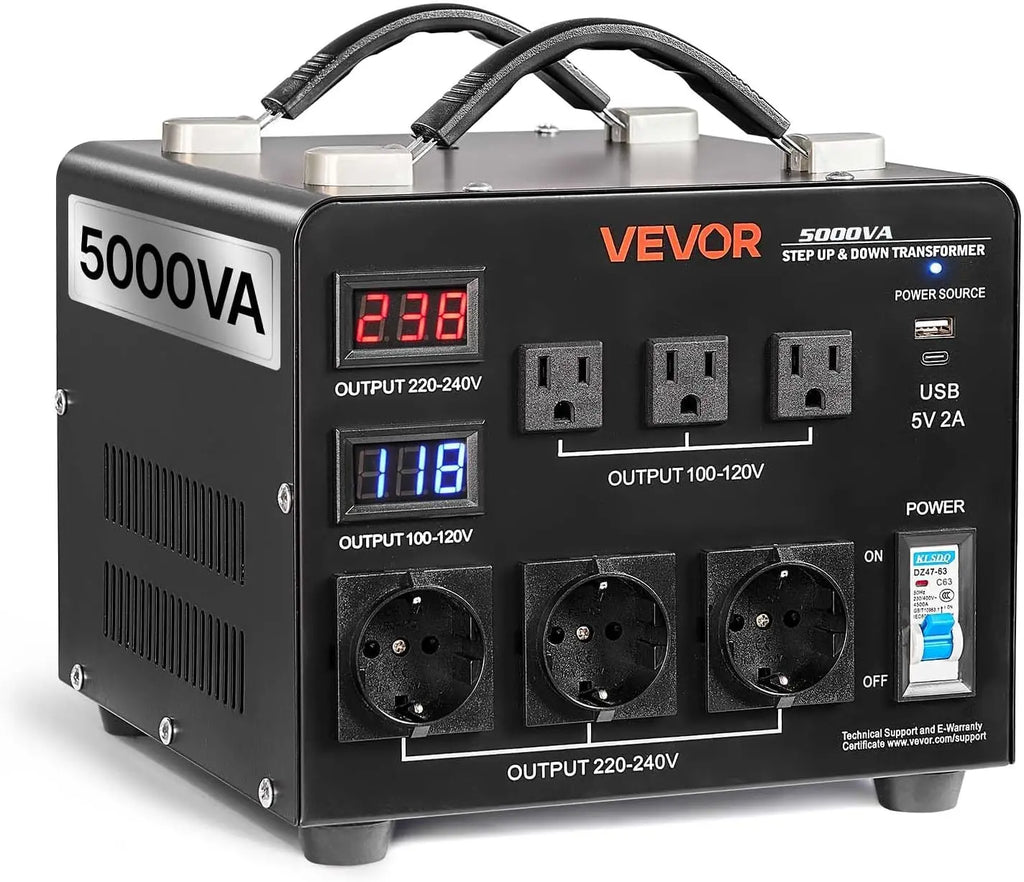 Voltage Auto Converter Transformer, 5000VA, Heavy Duty Step Up/Down Power Transformer, 110V to 220V and 220V to 110V, with 3 US