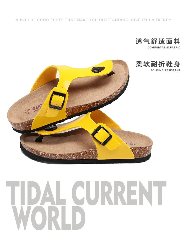 New Cork Sandals for Women Open Toe Beach Slippers with Adjustable Buckle Women Flats Leather Cork Footbed Flip Flops