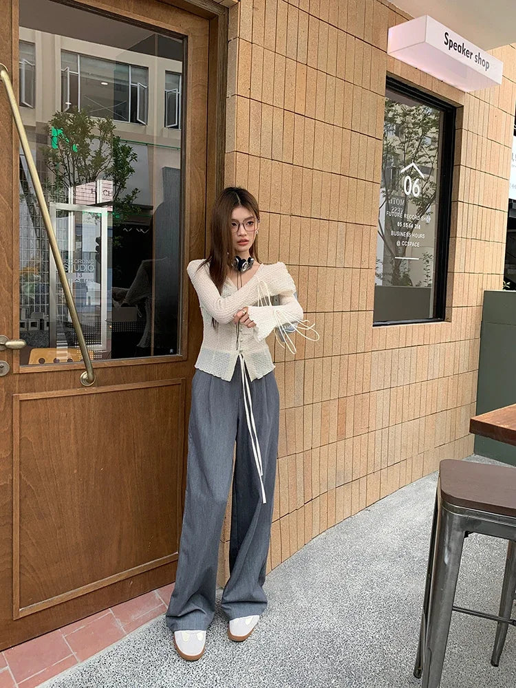 Elastic Waist Drawstring Loose Slim Casual Versatile Trousers 2026 Autumn New High Waist Women Wide Leg Suit Pants