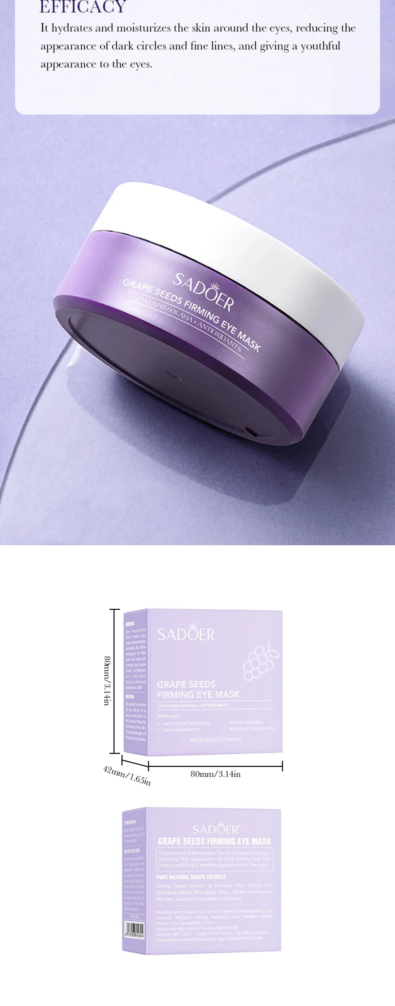 SADOER Grape Eye Mask Anti Wrinkle Dark Circles Removal Eyes Bags Moisturizing Eye Patches Eyes Skin Care 60pcs