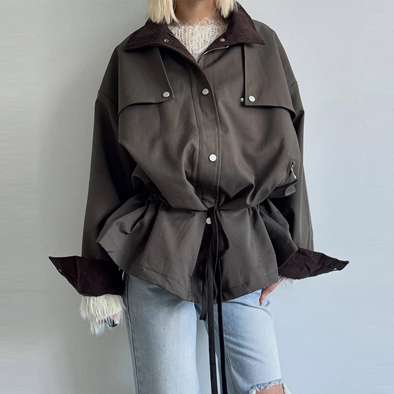 Lapel Women's Outerwear Waist Cinching Belted Jacket Drop Shoulder Cropped Cargo Trench Coat Meilaid Style Daily Fashion Wear