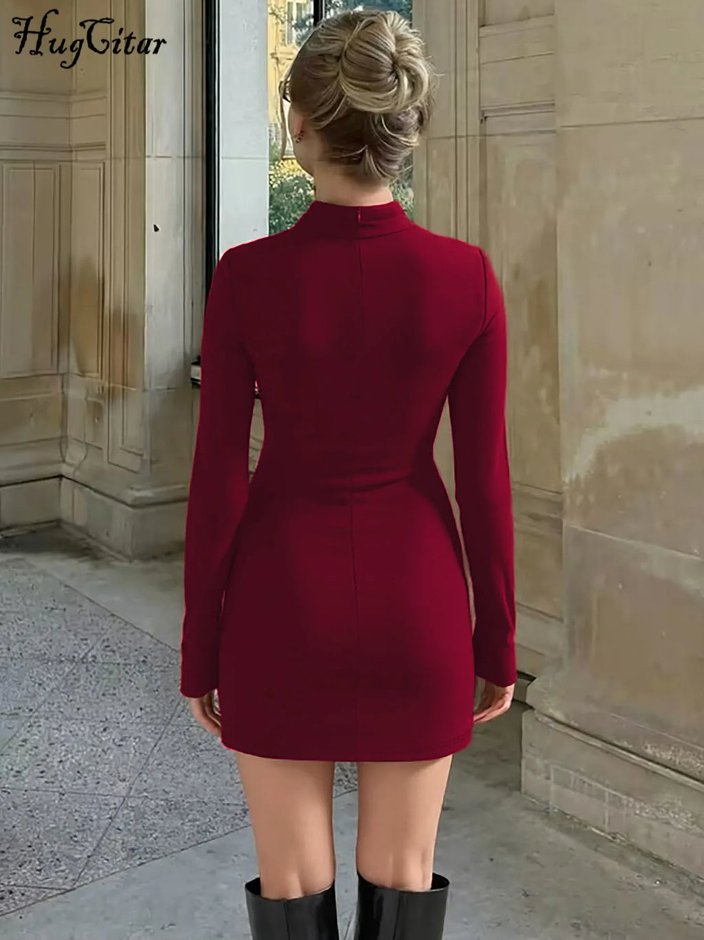 Hugcitar Women Elegant Turleneck Long Sleeve Ruched Sexy Bodycon Mini Dress Autumn Women Clothes Streetwear Party Festival