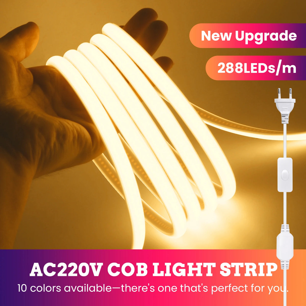 1-20M 220V COB LED Strip 288LEDs/m Outdoor IP65 Waterproof Switch/Dimmable LED Tape Ribbon Neon Lights For Kitchen Room 10 Color
