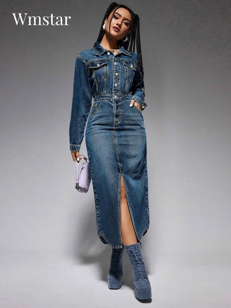 Wmstar Denim Dresses Women Long Sleeve Casual Button Pockets Maxi Dress Fall Clothes Fahion Streetwear Wholesale Dropshipping