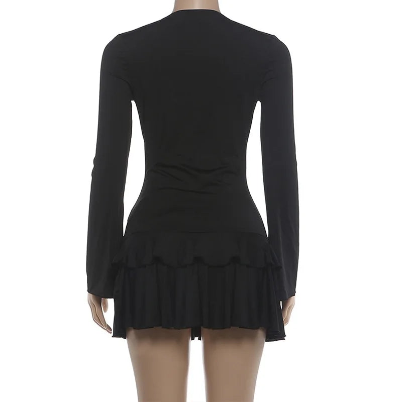 2026 Autumn. New Women's Fashion Erotogenic V-neck Lace Patchwork Stiglich Bell Sleeve Body Clothes Sexy Party Boho