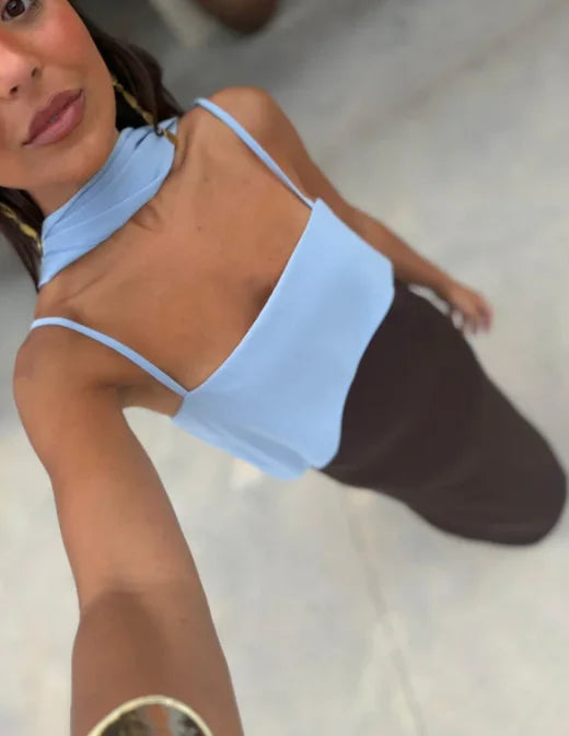 Color Blocking Scarf Collar Suspender Women Maxi Dress Spaghetti Strap High Split Floor Length Evening Dresses Lady Party Robes
