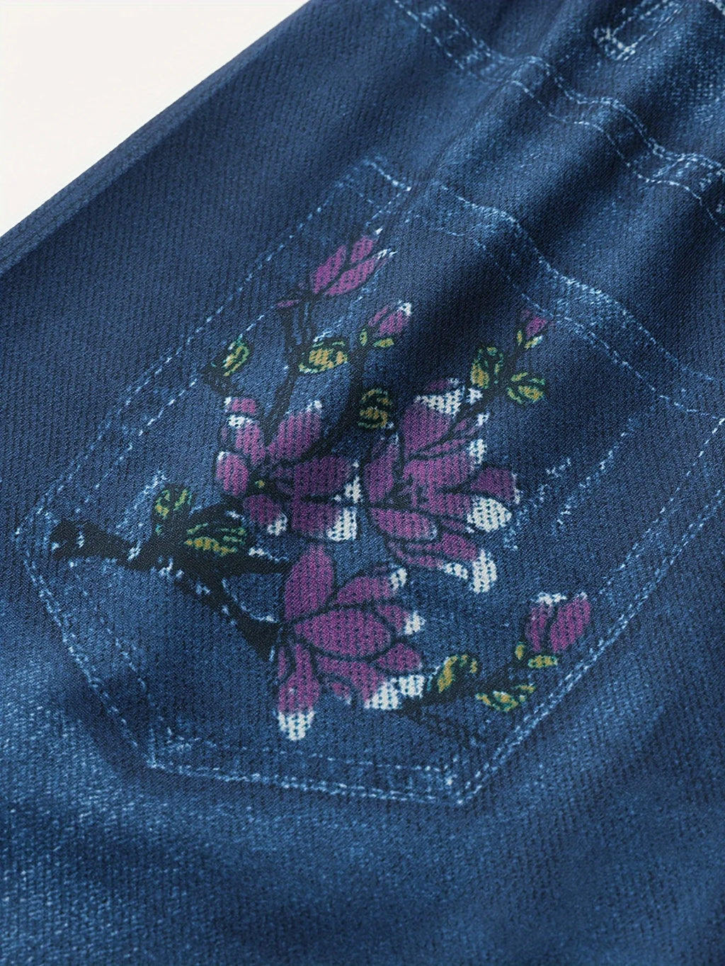 Floral Print Deep Blue Imitation Denim Slim Fitting Shorts For Women's Casual Leggings With High Elasticity And Comfort