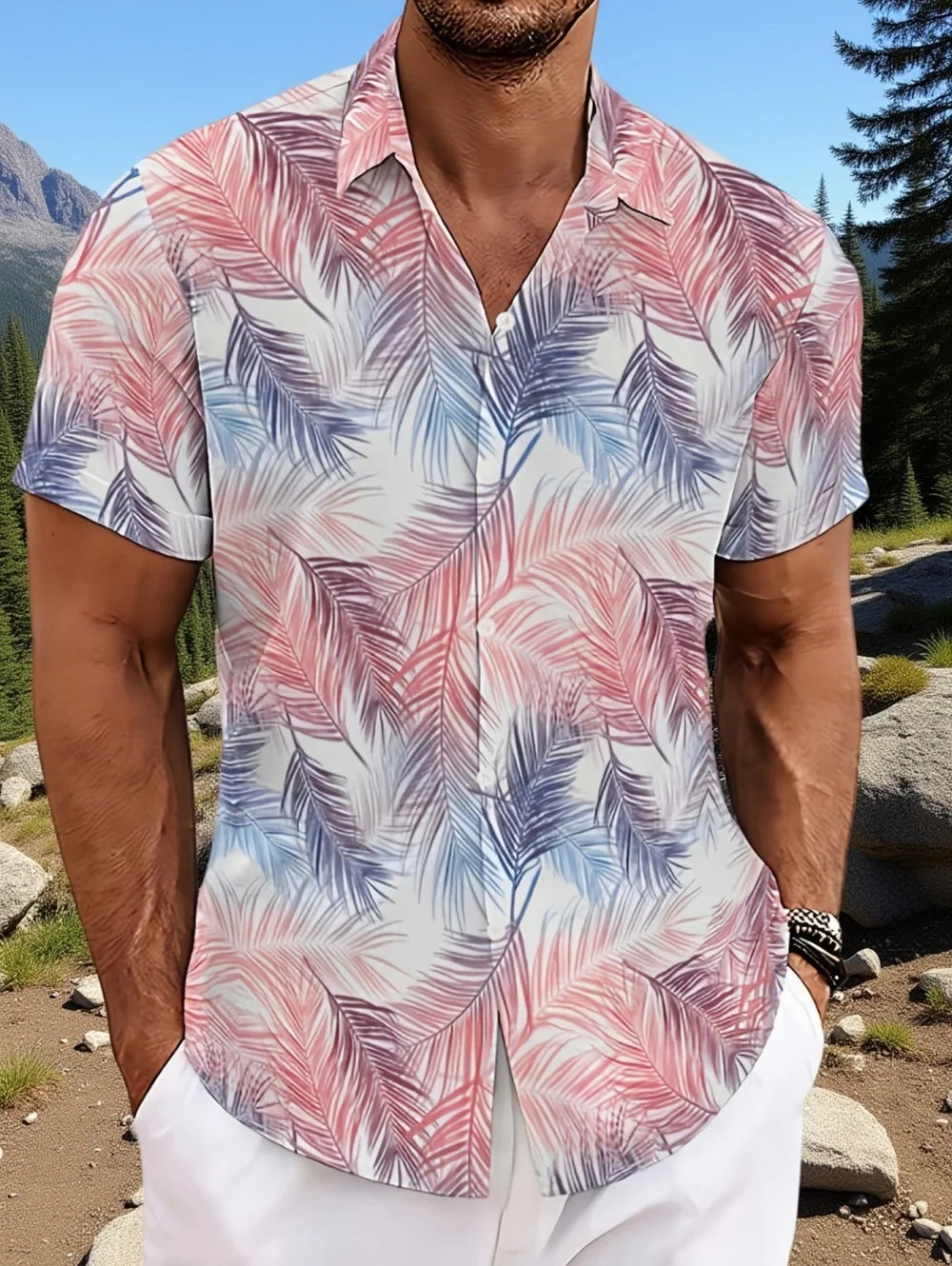 Men's Summer Hawaiian Tropical Leisure Flower Art Digital Printing Men's Single Breasted Short Sleeved Shirt Clothing