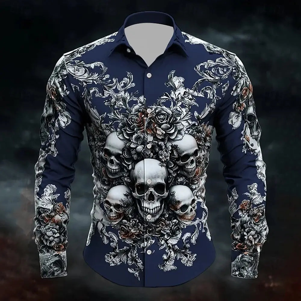 2025 Halloween Theme Men's Halloween Costumes Skulls Shirt Button Up Shirt Casual Dress Shirt Long Sleeve Dark Gothic Style Tops