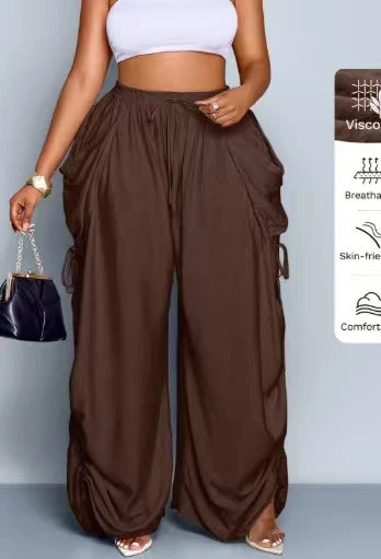 Loose Wide Leg Pants Drawstring Elastic Waist Pure Color Casual Trousers Women's High Waist Straight Cut Summer Fashion