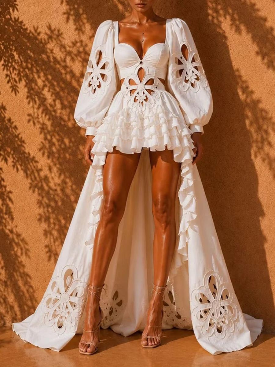 VGH Fashion Style White Cutout Floral Accent Gown for Women Square Collar Puff Sleeve Asymmetric Train Skirt for Beach Elopement