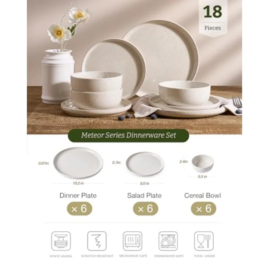 Meteor Plates and Bowls Sets, 18-Piece Stoneware Dinnerware Sets, Dishes Set for 6, Microwave and Dishwasher Safe Tableware