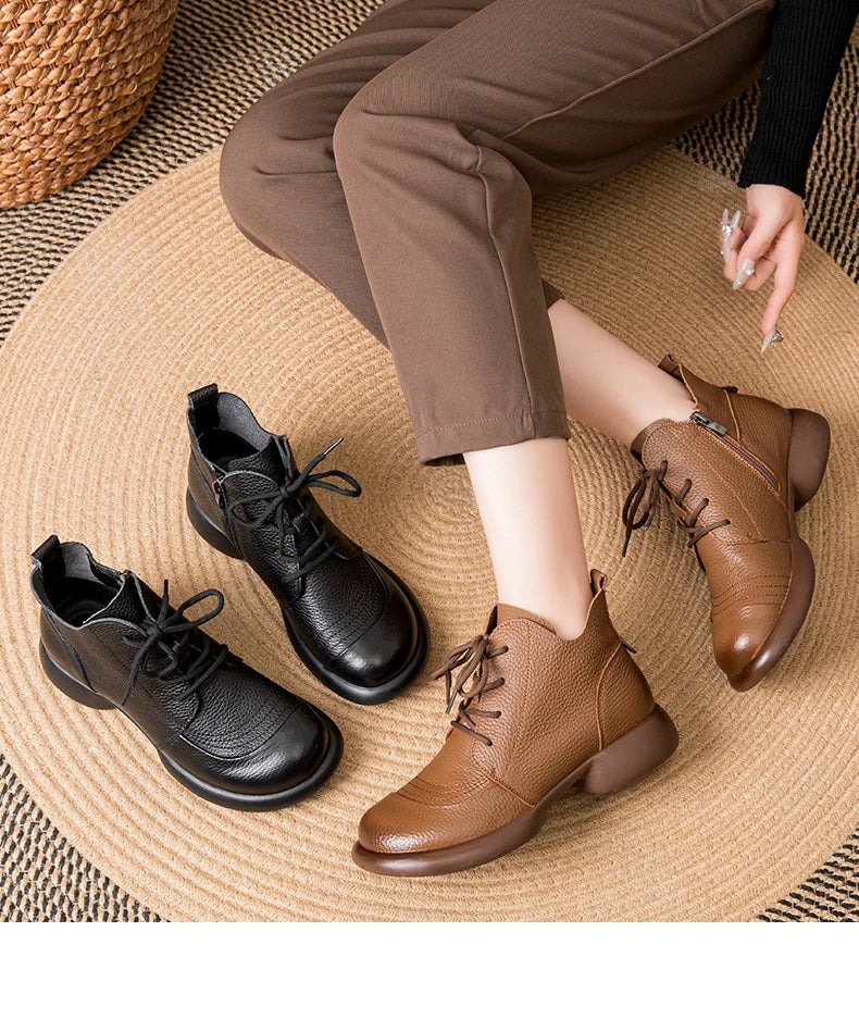 GKTINOO Women Autumn Boots Cowhide Ankle Boots 2025 Winter Retro Casual Genuine Leather Mother Boots Fur Keep Warm Low Heel 41