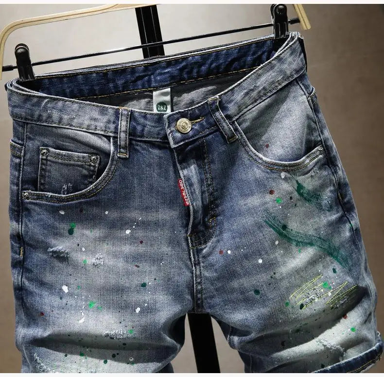 Washed Ripped Denim Men's Trendy Brand Spray Paint Medium Summer Thin Elastic Patch Bermuda Short Pants Men's Jeans Shorts