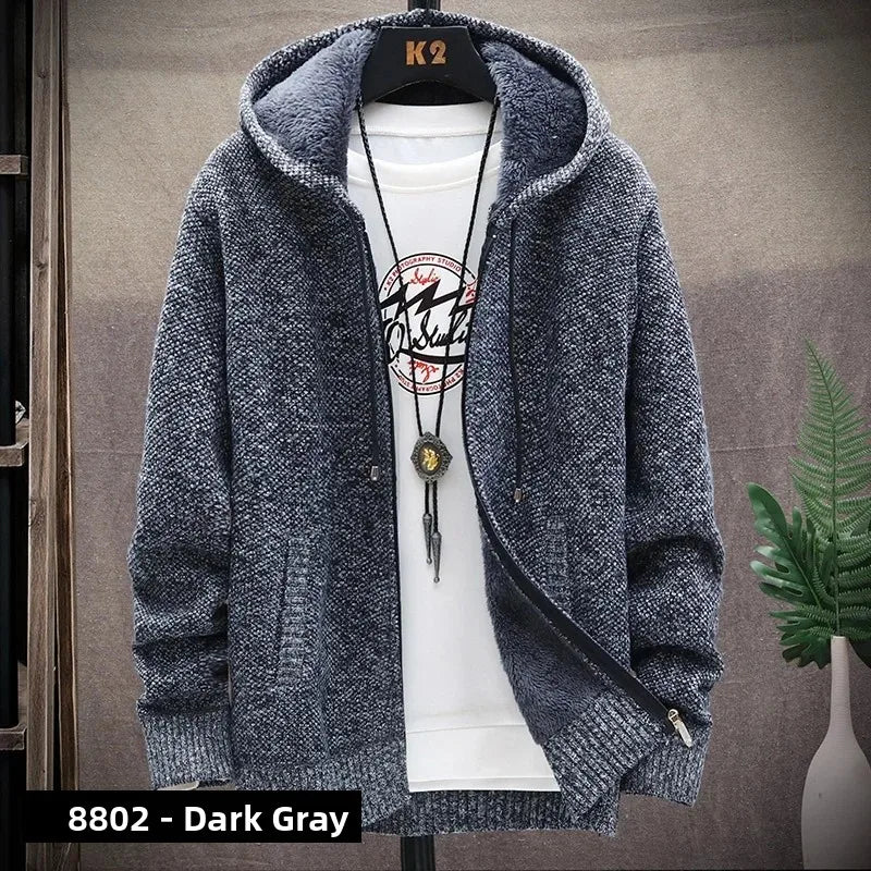 Men's Knitted Sweater Cardigan Thickened Fleece Hooded Casual Style Warm Outerwear Autumn Winter New Arrival Korean Version