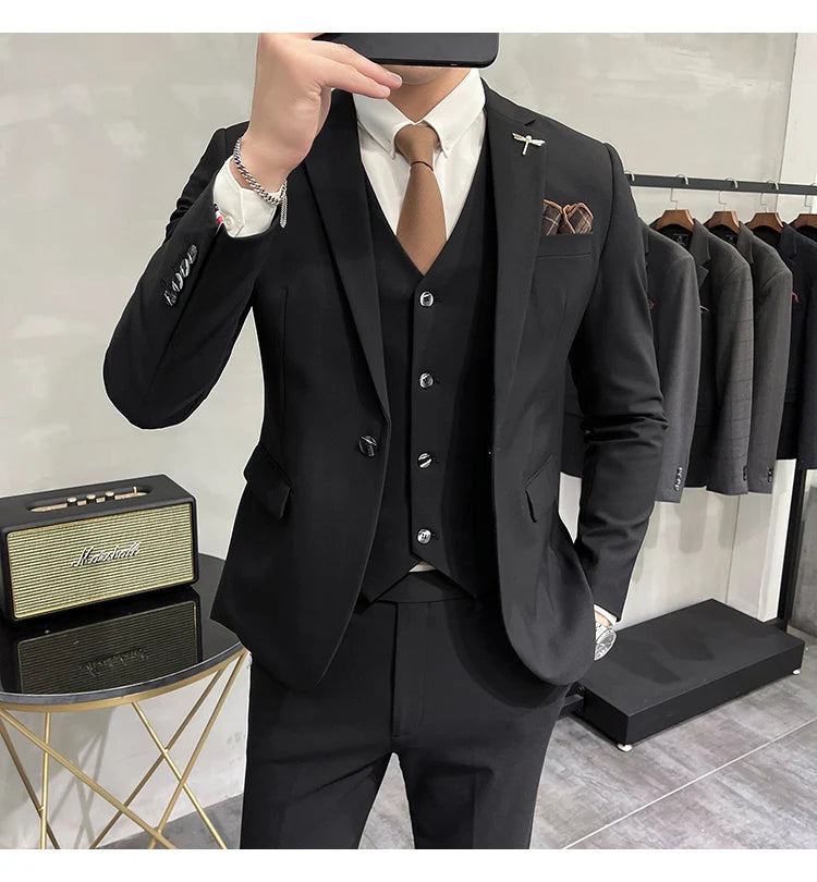 Blazer Vest Pants Men's Navy Blue Suit Set Slim Fit Blazer Vest Pants Formal Outfit for Business Wedding Office Groom Party