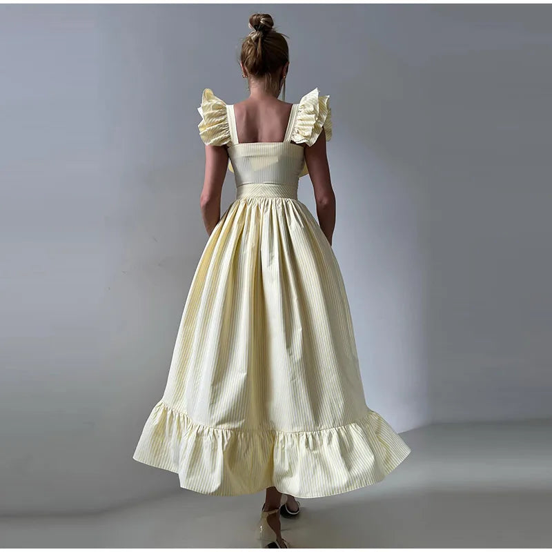 Fashionable Striped Ruffle Pleated Women's Dress Elegant Solid Square Neck Single Button Dresses Female Summer Chic Casual