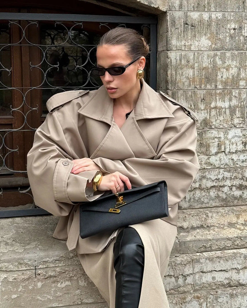 Women Green Oversized Belt Overcoat Elegant Long Sleeve Pleated Lapel Lace Up Windbreaker Autumn Lady Daily Street Outerwears