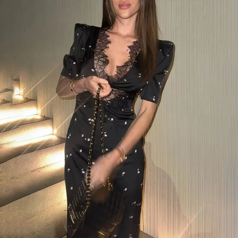 Lace Patchwork Printed Maxi Dresses for Women Fashion Sexy Streetwear Short Sleeves Slim Hollow Out Long Vestidos Robes Female