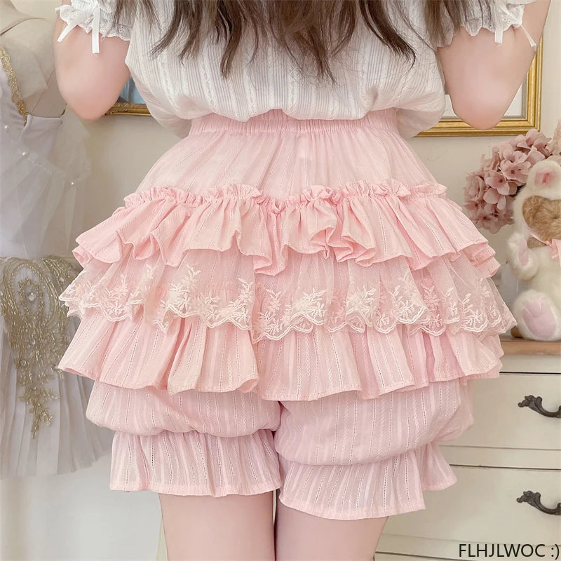 Cotton Bloomers Lolita Style Girls Cute Sweet Japan Sexy Lace Date Princess Pink Layer Puff Shorts Ruffles Lantern Small Pants