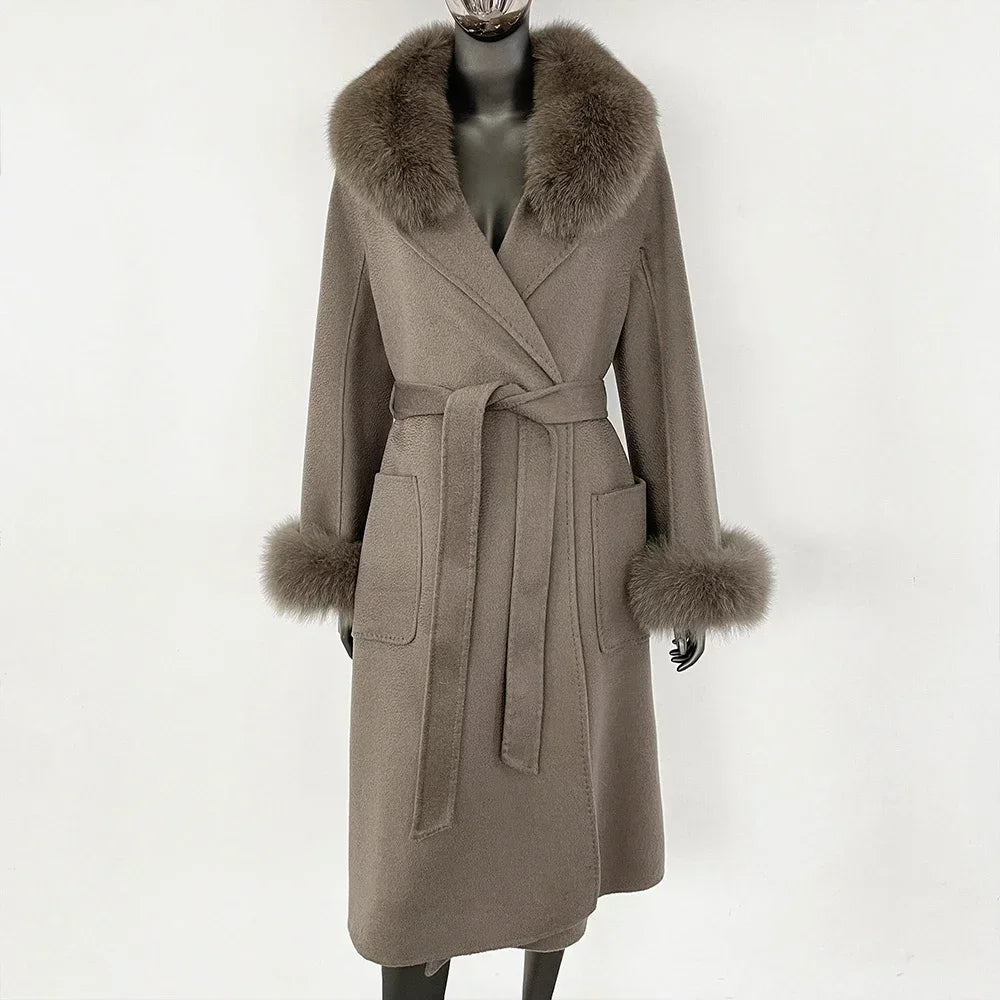 Elegant Wool Fur Jacket Women's Autumn Winter Warm Coat Natural Real Fox Fur Collar Jacket Casual Fashion Long Fur Coat Women's