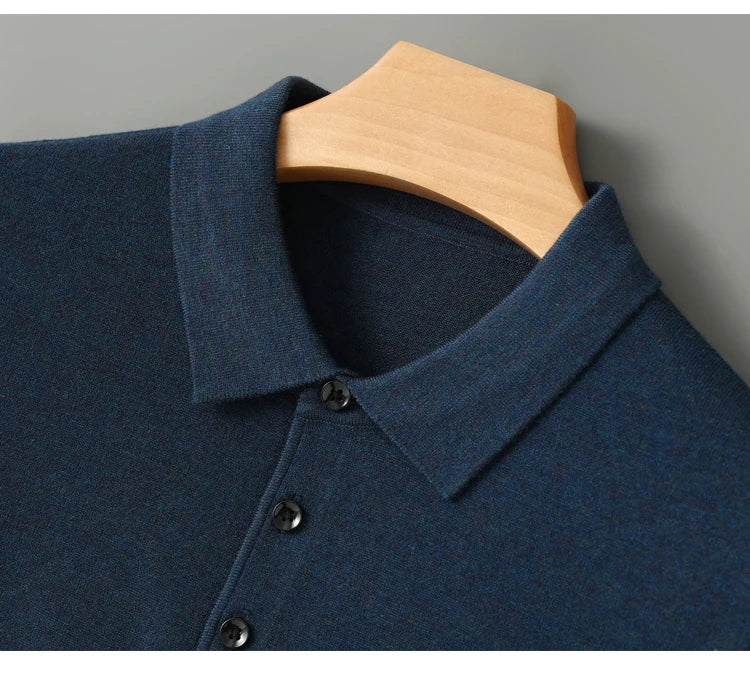 Men's Worsted Wool Kknit Pullover, Business Casual Polo Neck Sweater, Monochromatic Loose Top, Autumn and Winter Fashion, New