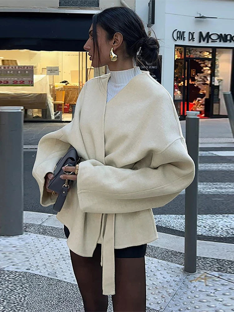 Collarless Belt Jacket Coat Lace-up Minimalism Beige Gentle Short Woolen Overcoat Waist Cinching Women Autumn Winter Overcoat