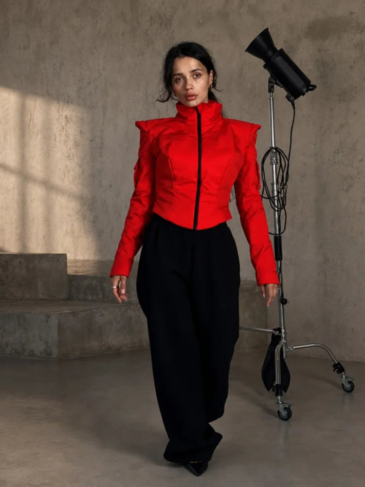 Women Sporty Cropped Padded Jacket Stand Collar Zip‑Up Shoulder Pad Long Sleeve Slim Fit Warm Coat Casual Chic Ladies Outerwear