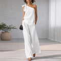 Women's 2 Piece Set 2026 Spring Sexy One Shoulder Tie Knot Top And Wide Leg Pants Suit Casual Loose Summer Beach Vacation Outfit