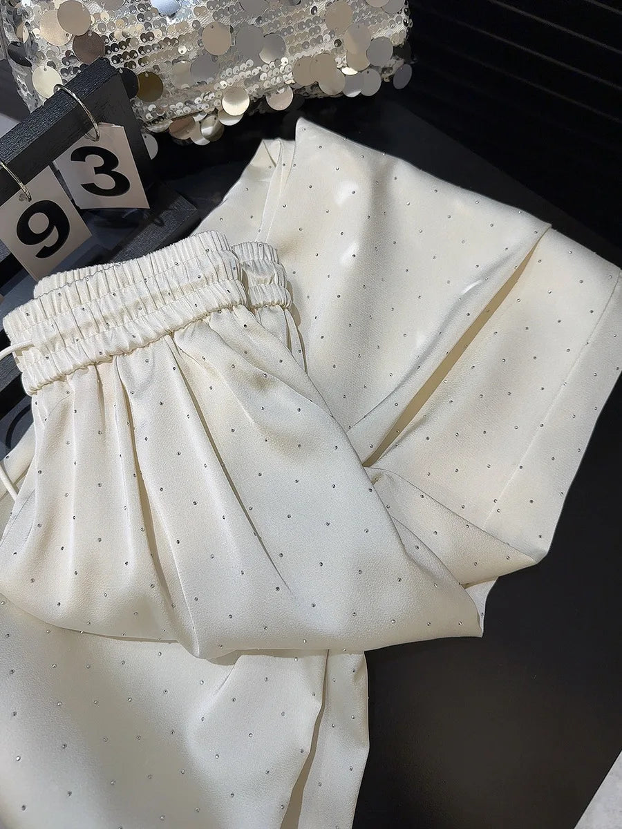 2026 High Quality Luxury Full Rhinestone Wide Leg Pants Fashion New Drawstring High Waist Straight Pants Ladies Casual Trousers
