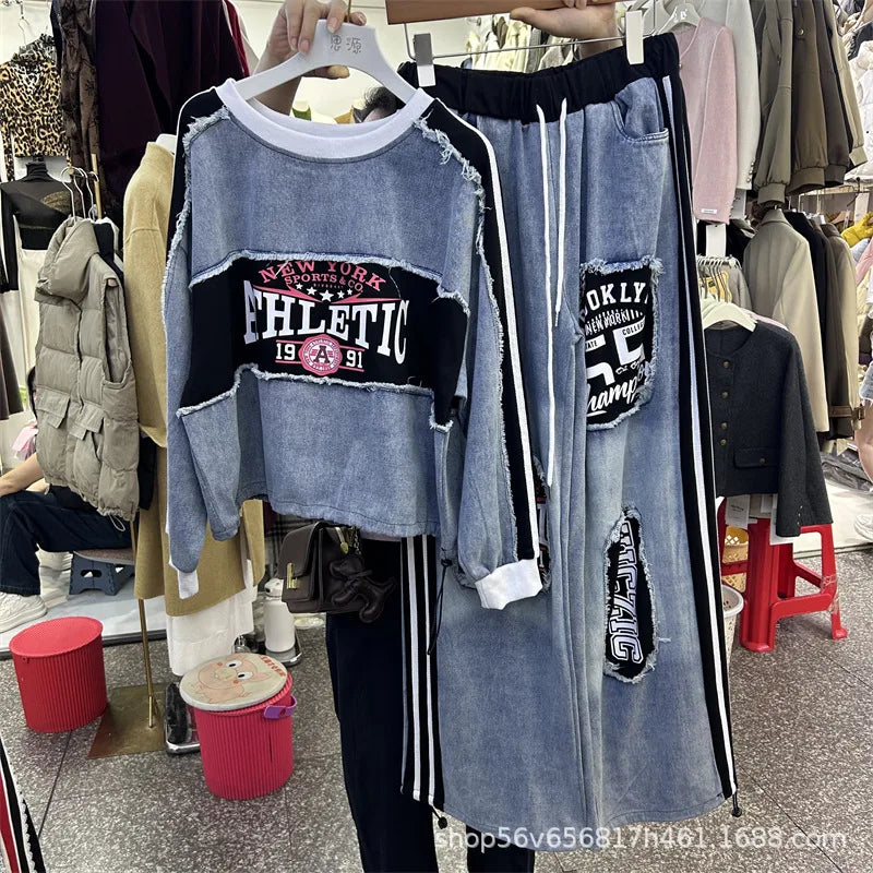 American Sports Two-piece Sets New Spring Colorblock Letters Printed Loose Denim Hoodie Top + Elastic Waist Casual Long Trousers