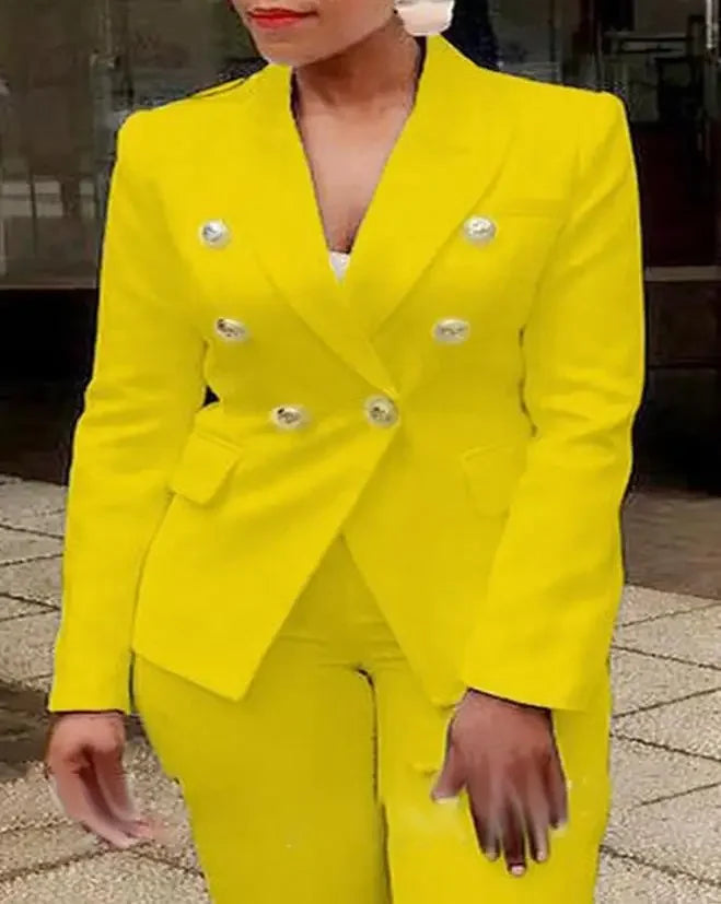 2 Office Ladies Two Piece Sets Womens Outifits 2023 Spring Fashion Long Sleeve Double Breasted Blazer & Plain Elegant Pants Set