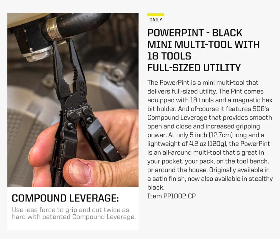 SOG 18 in 1 PowerPint Mini Multi-tool Stainless Steel Pocket EDC Multifunctional Pliers with Folding Knife Screwdrivers Scissors For Survival Fishing Hiking Cycling Travel DIY Home Emergency Repair Portable Camping Tools and