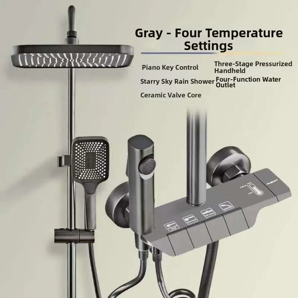 Grey Shower System High Pressure Piano Button Digital Shower Faucet Set Intelligent Temperature Display Rainfall Shower Set