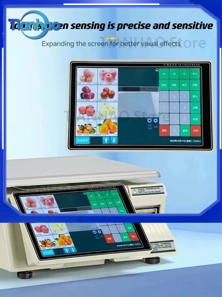 Dual Touch Screen Long Fly Label Scale Digital Weighing POS Terminal Android AI Identify Label Scale for Supermarket