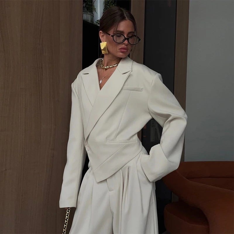 Solid Women Officewear Lapel Pockets Long Sleeve One Button Cinched Waist And Wide Leg Pant Fashion Lady Streetwear Commute 2026
