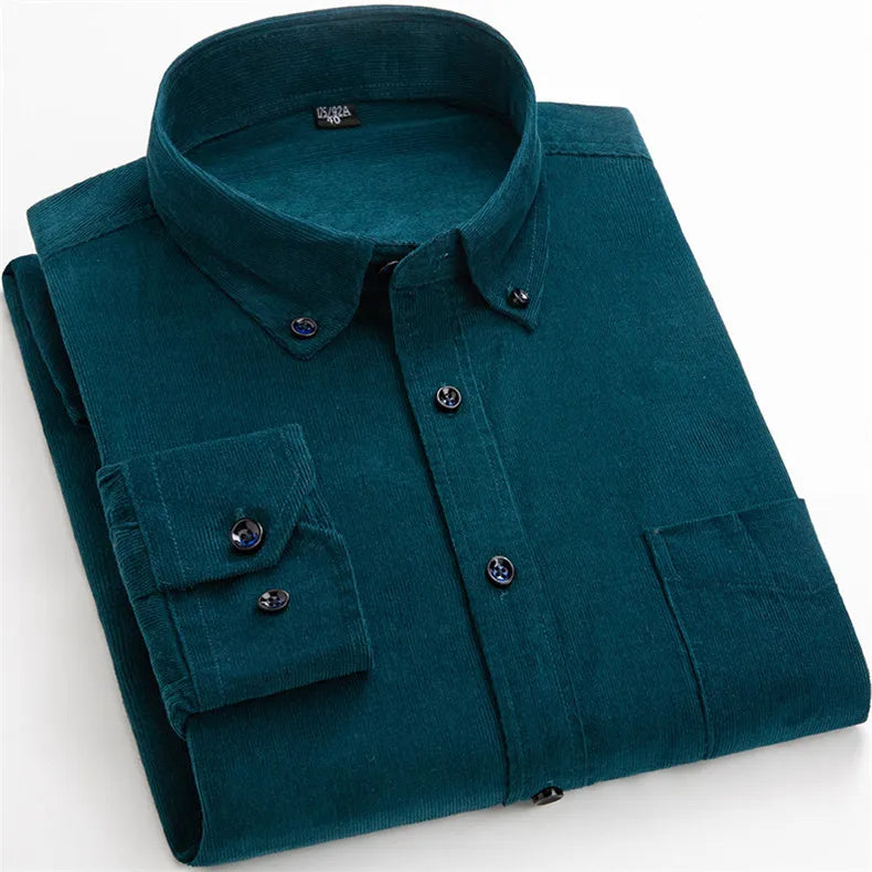 2025 Cotton Corduroy Casual Warm Solid  Shirt Long Sleeve Winter Regular Fit Mens Men's Shirts with Pokets