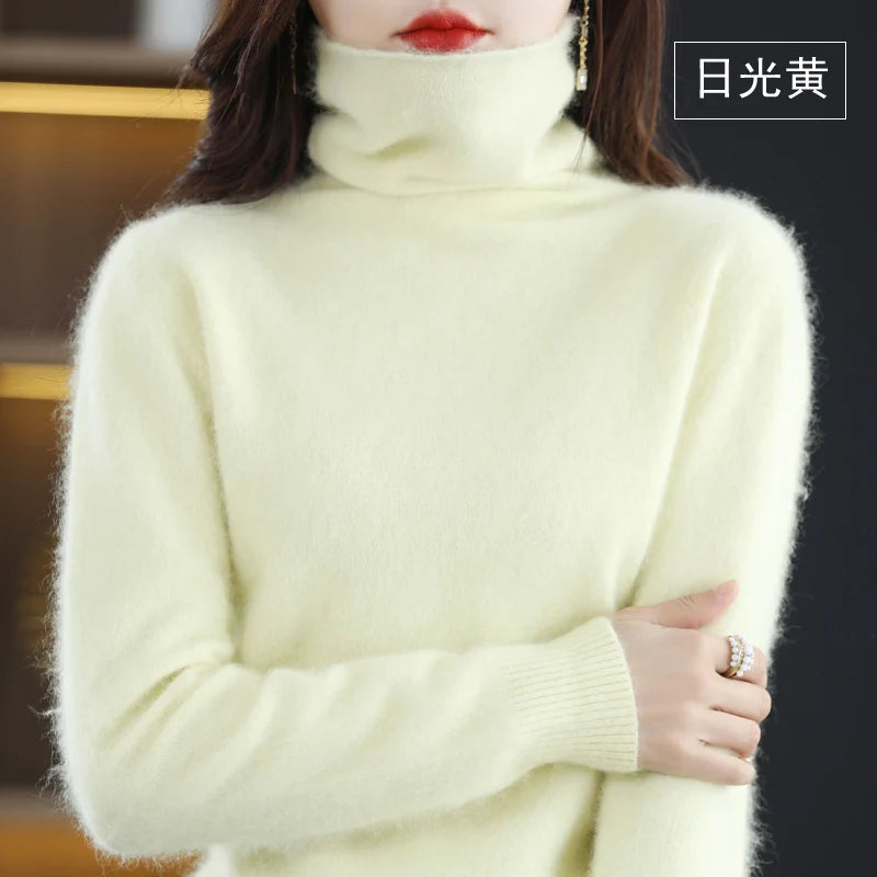 Women's Pile Collar 100% Mink Cashmere Sweater Winter High Collar Knitted Pullover Casual Short Thick Tops Loose Warm Base Shirt