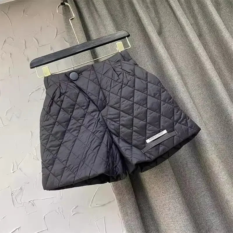 Women's Black Wide-Leg Shorts High Waist  Autumn Winter Silk-cotton Warm Comfortable 2025 New Arrival Chic Women Shorts
